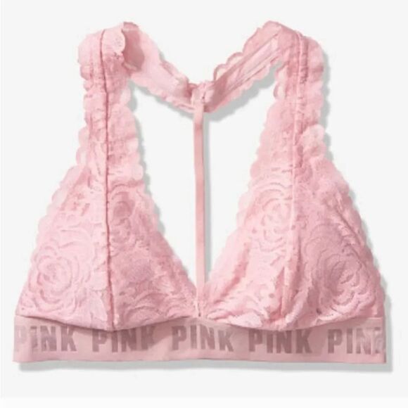 NEW Victoria's Secret Pink Lace T-Strap Logo Bralette in Pink Size Small - Picture 13 of 15